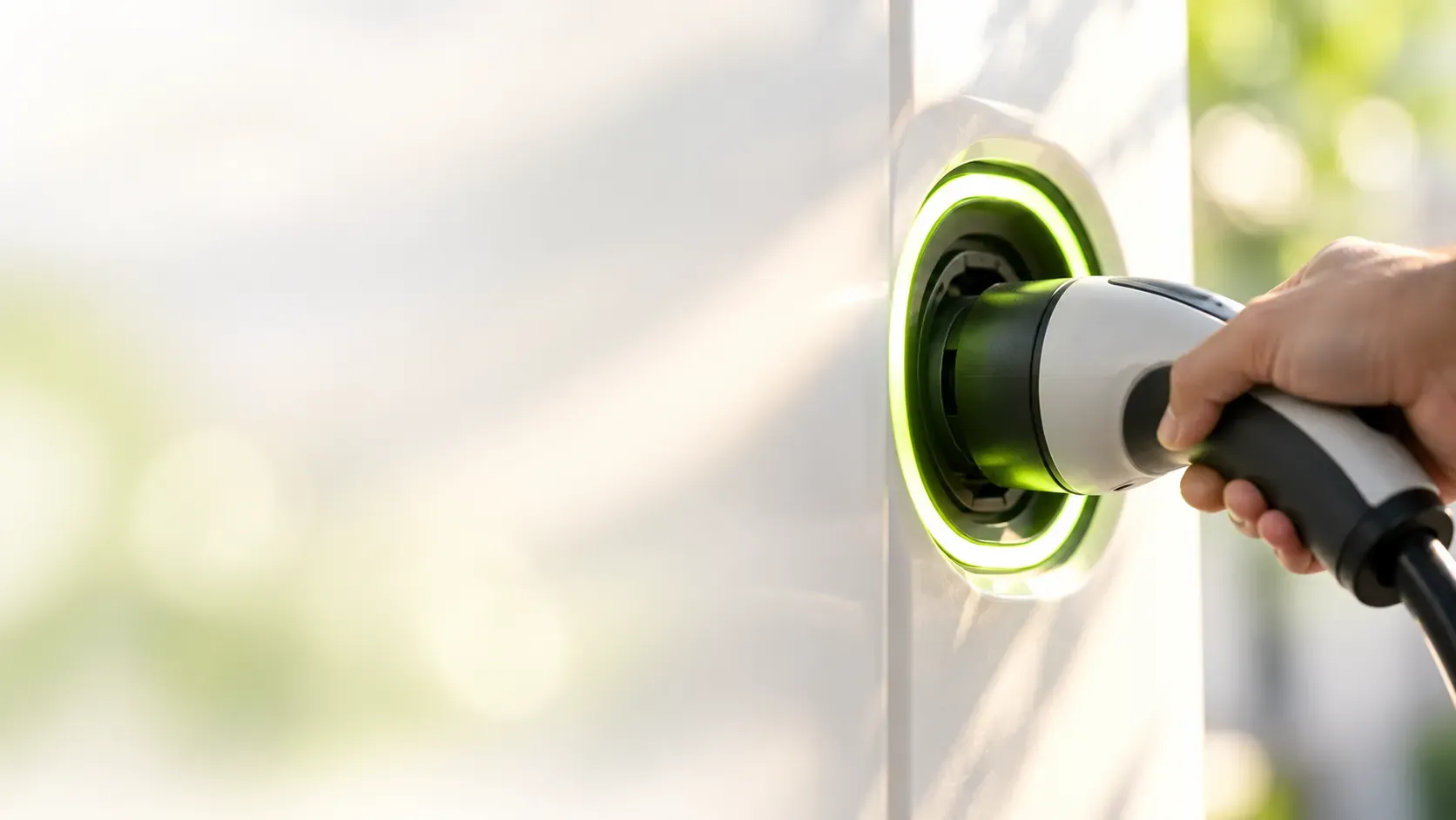An EV charging connector plugged in, glowing lime green