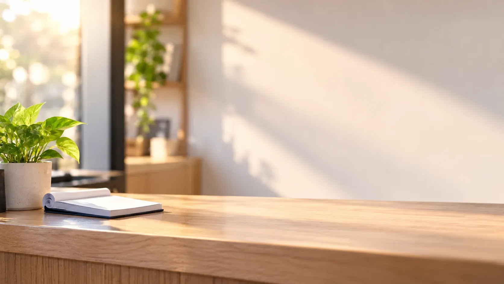 A clean shop counter with a plant and a receipt book