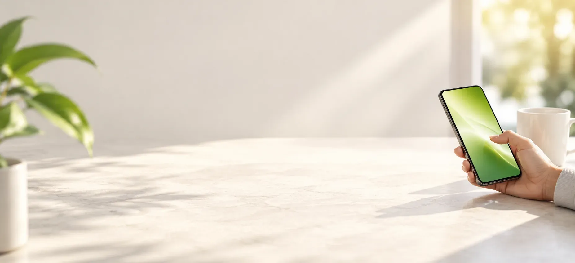 A hand holding a smartphone on a sunlit table