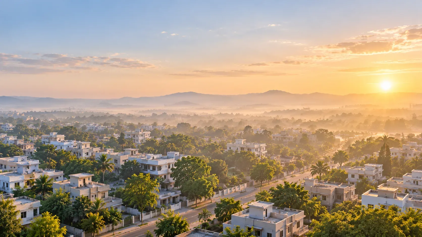 A calm town at sunrise seen from above
