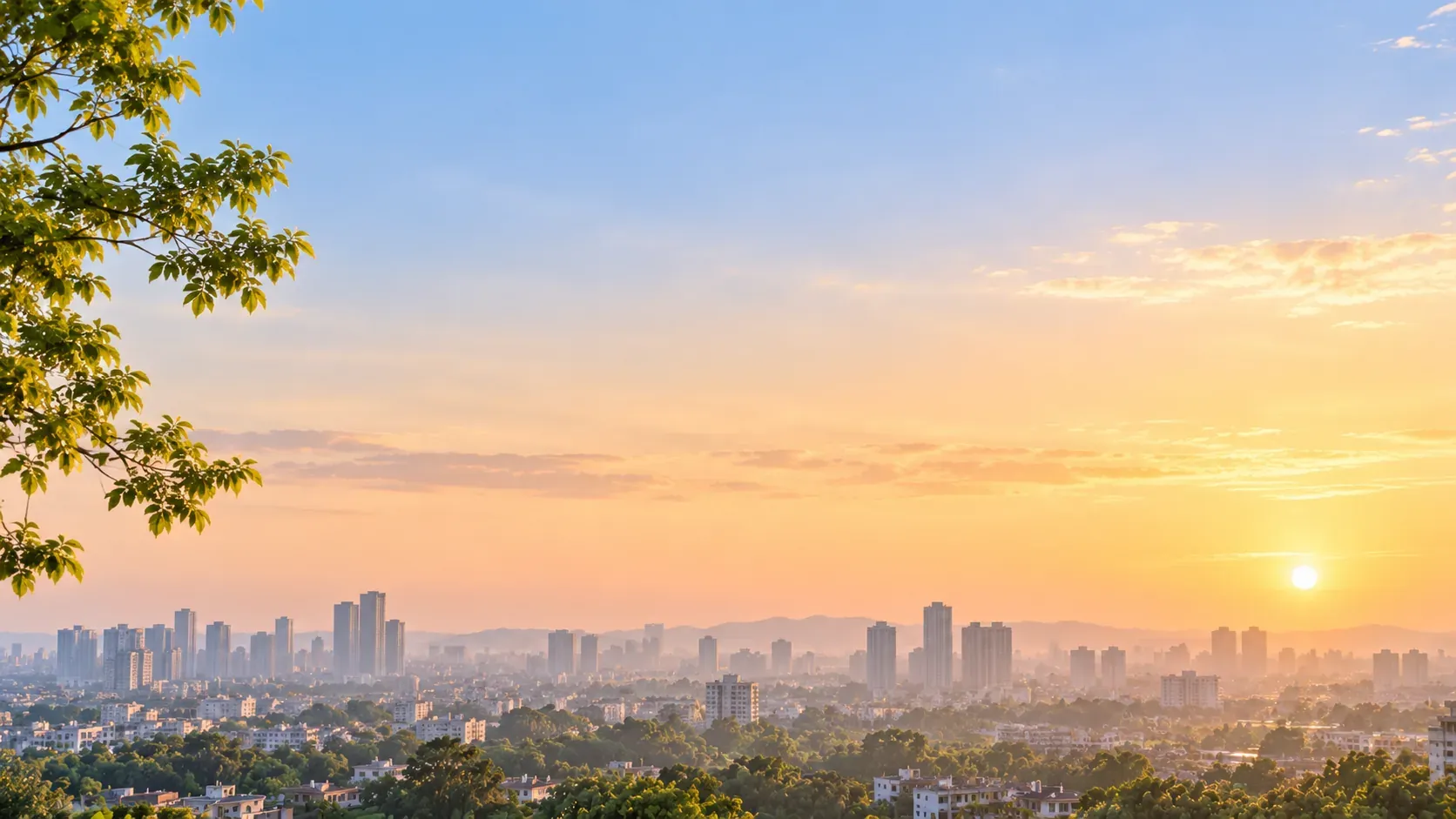 First light over a calm city skyline