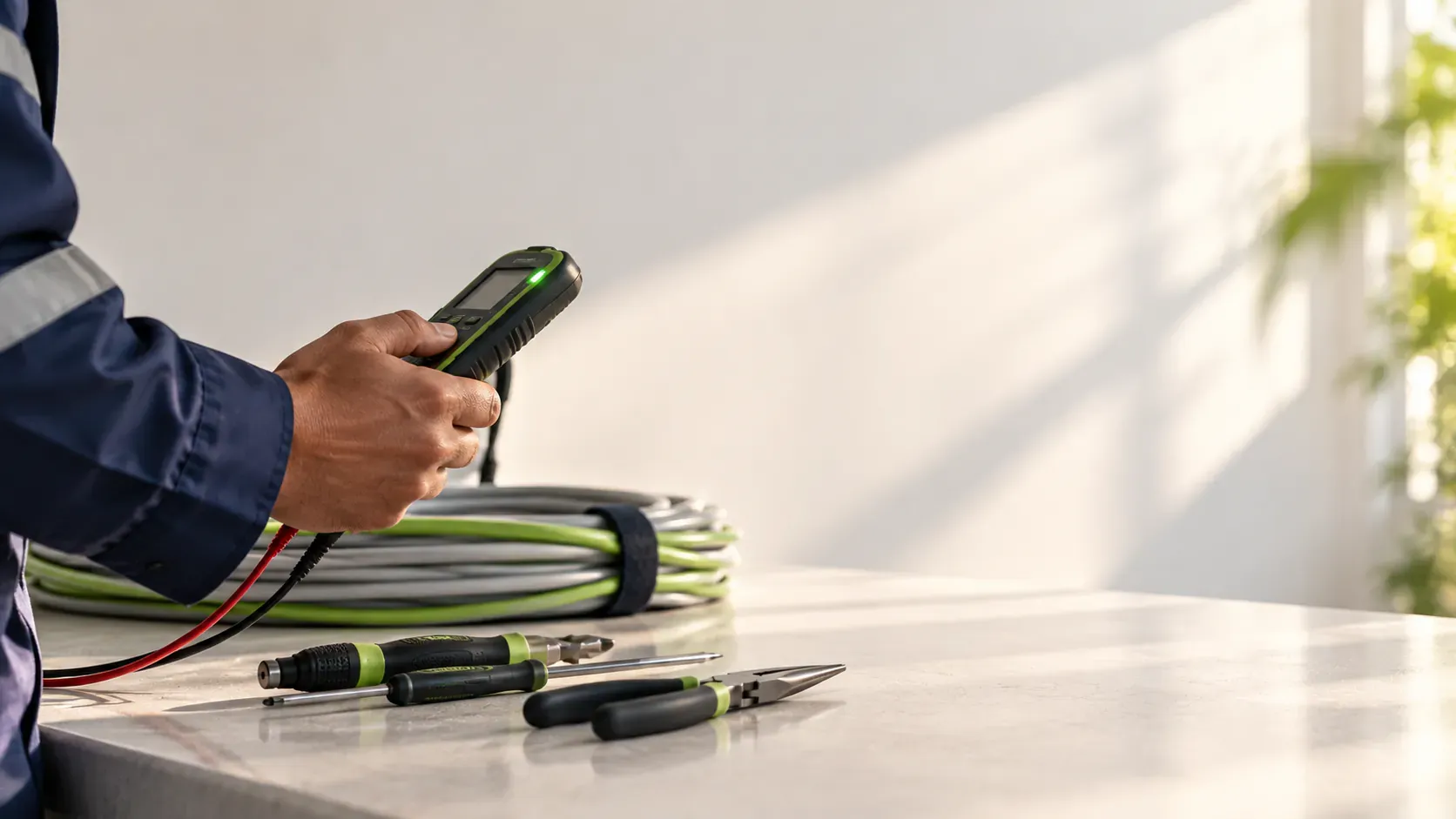 A technician’s hand holding a handheld digital tester