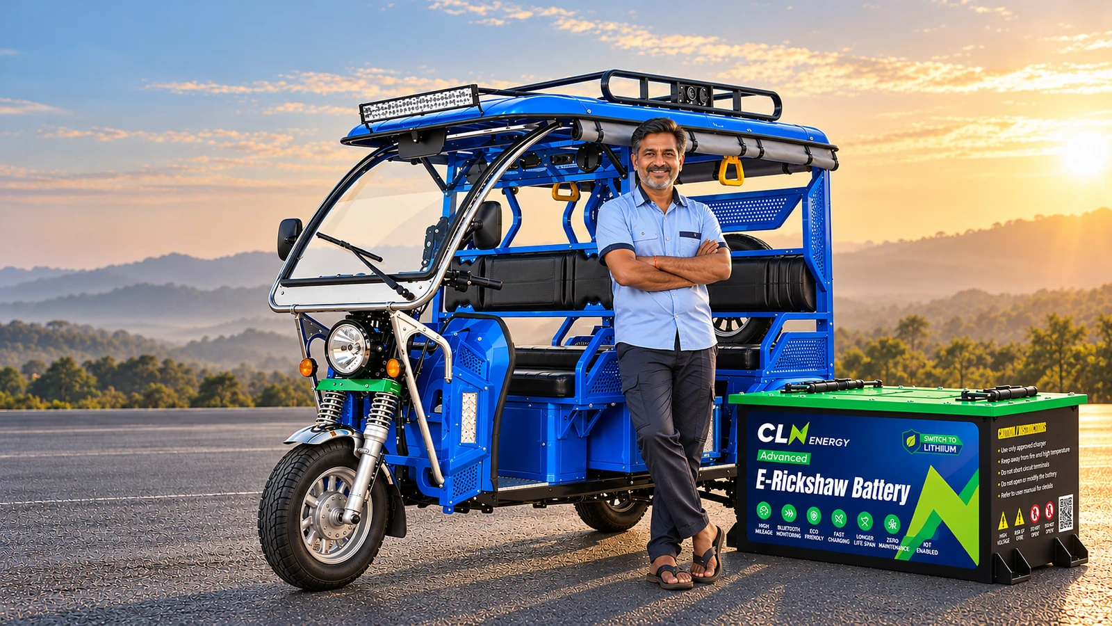 An e-rickshaw driver standing beside his electric rickshaw and a CLN lithium battery at sunrise