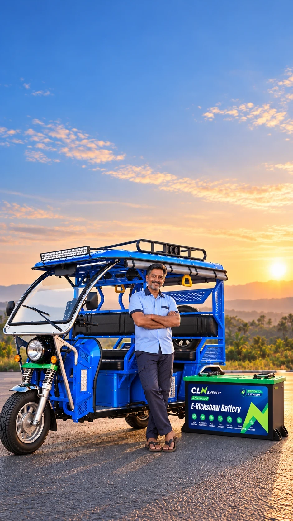An e-rickshaw driver standing beside his electric rickshaw and a CLN lithium battery at sunrise