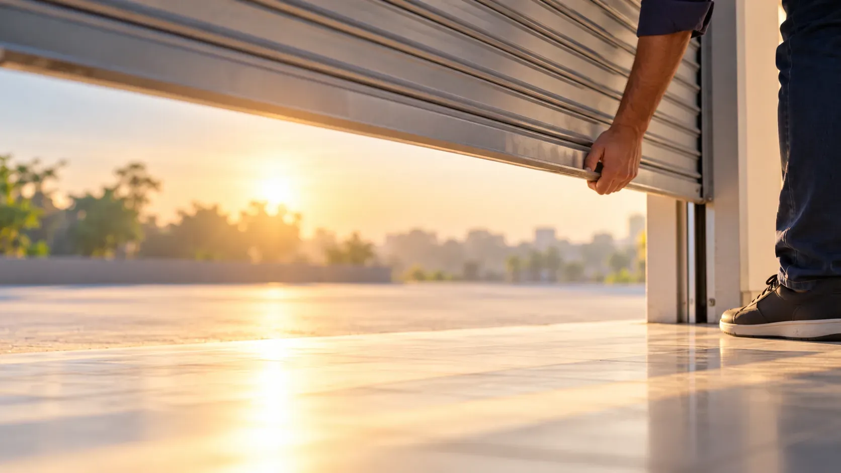 A shop shutter being raised at sunrise